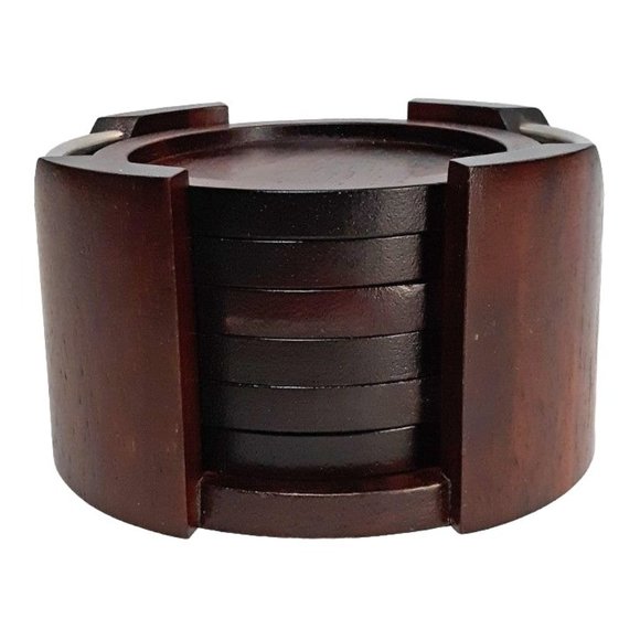 Other - 20th Century Modern Dark Wood Coasters in Caddy - 7 Pieces Vintage